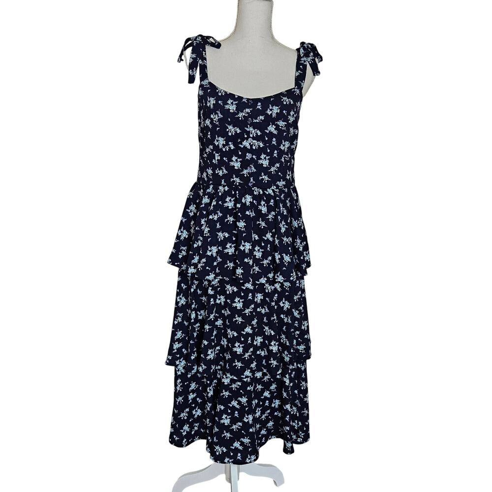 Trixxi Womens NWT Tiered Floral Midi Dress Sz L Spaghetti Straps Shoulder Tie